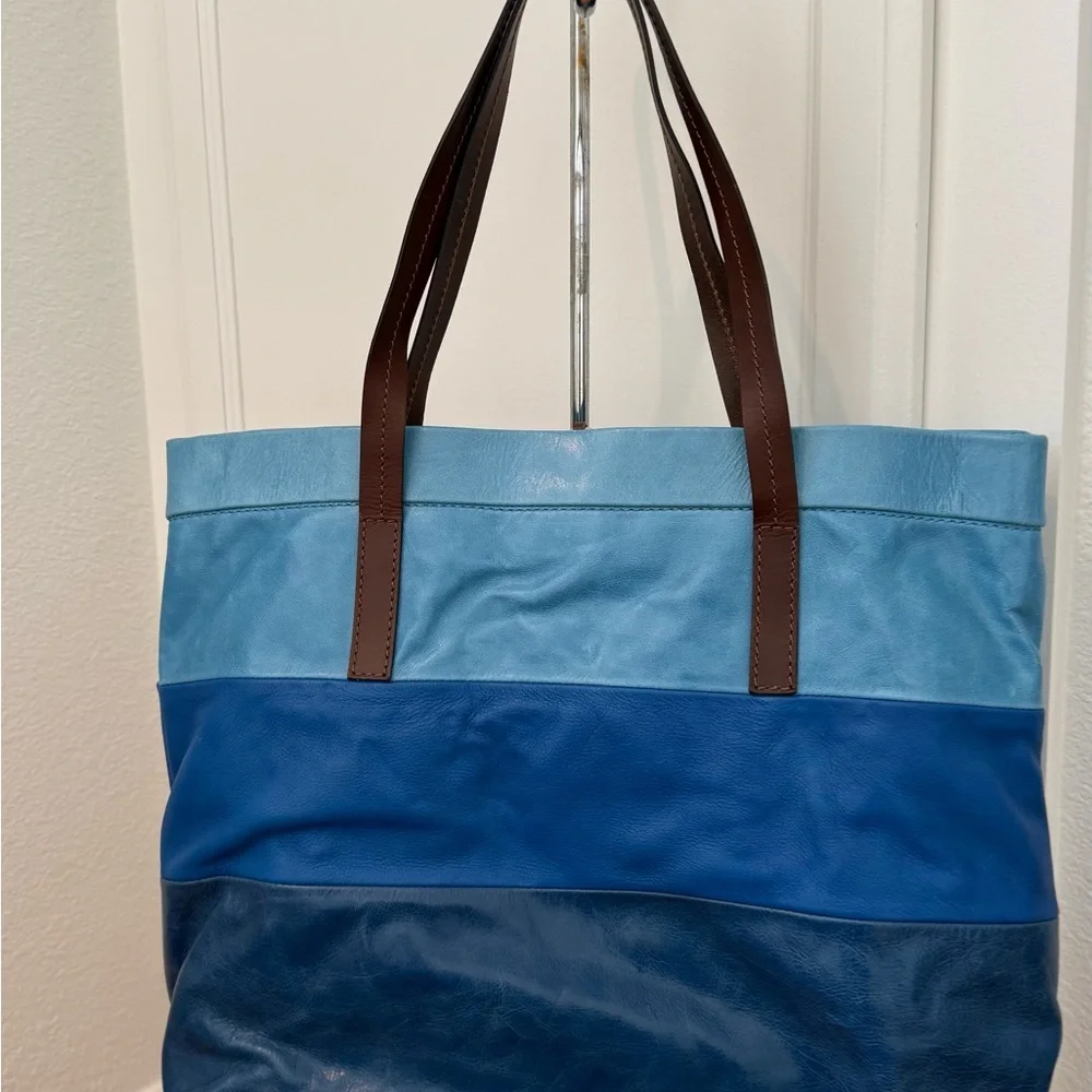 Maliparmi Blue Colorblock Leather Tote with Brown Straps